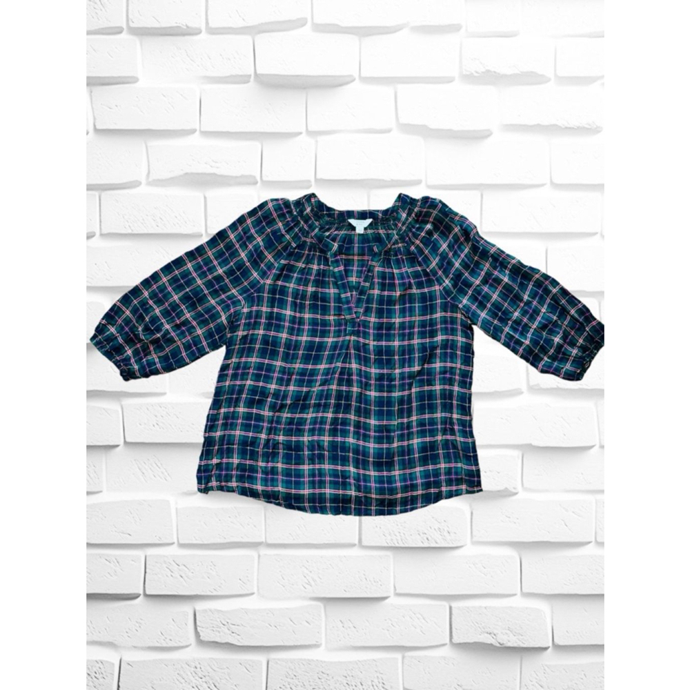 Crown & Ivy Women’s Large Green Tartan Plaid 3/4 Sleeve Blouse • Elastic Cuffs